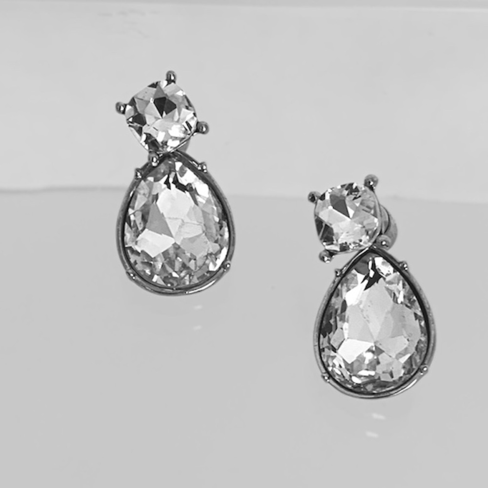 Clear Jewel Rhinestone Teardrop Dangle Stud Earrings Silver Tone Statement